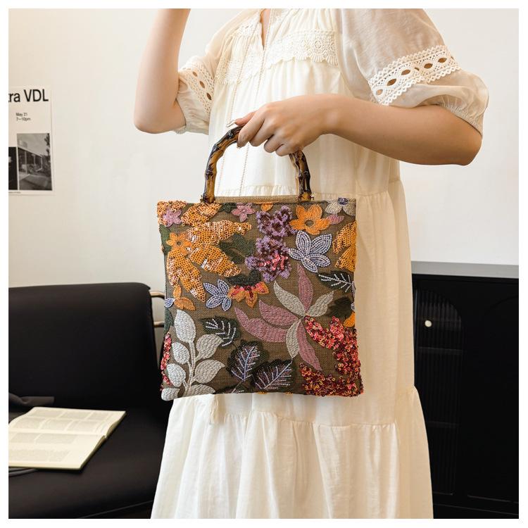 2024 Women's Cross-border Linen Bamboo Handbag with Embroidery and Sequins