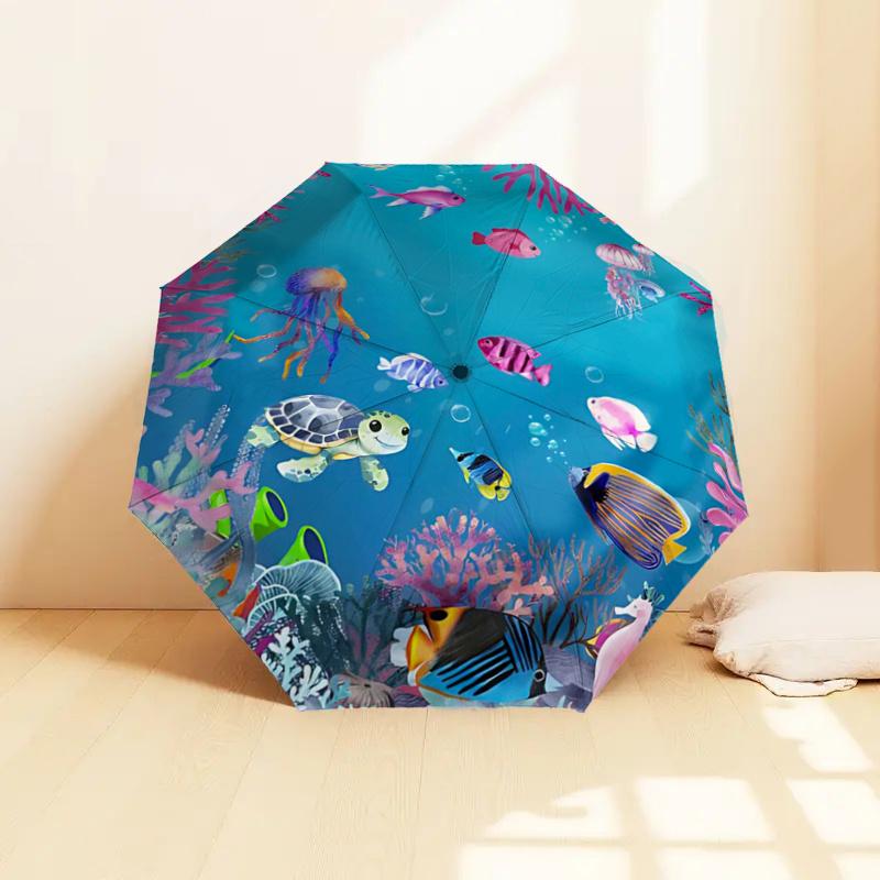 Underwater Paradise: Colorful Sea Life Coral Reef Jellyfish Fish Turtle Starfish Automatic Opening Folding Umbrella - Outdoor Rain Gear for