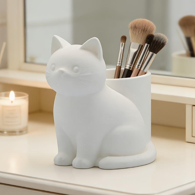 Cute White Cat Shaped Pen Holder, Desk Stationery Organizer for Office Supplies Storage