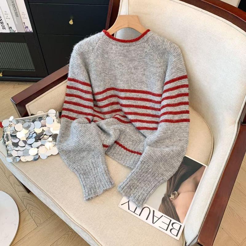 Real shot retro striped sweater women's new autumn and winter thickened lazy wind soft waxy loose pullover knitted sweater tide