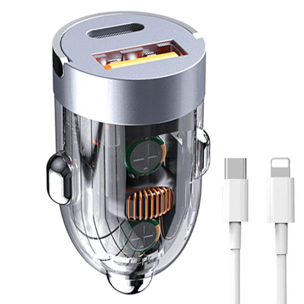 

G20T 12-24V 120W USB+Type-C Fast Charging Adapter Clear Car Charger with Type-C to 8Pin Cable