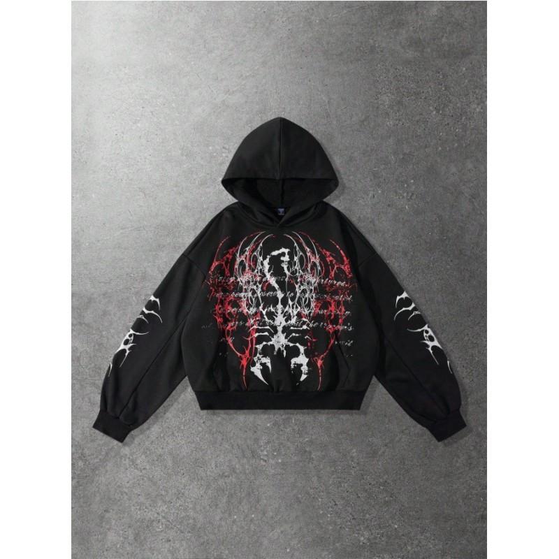 Oversized Hooded Sweatshirt With Skull Print Streetwear Unisex Loose Fit Casual Top