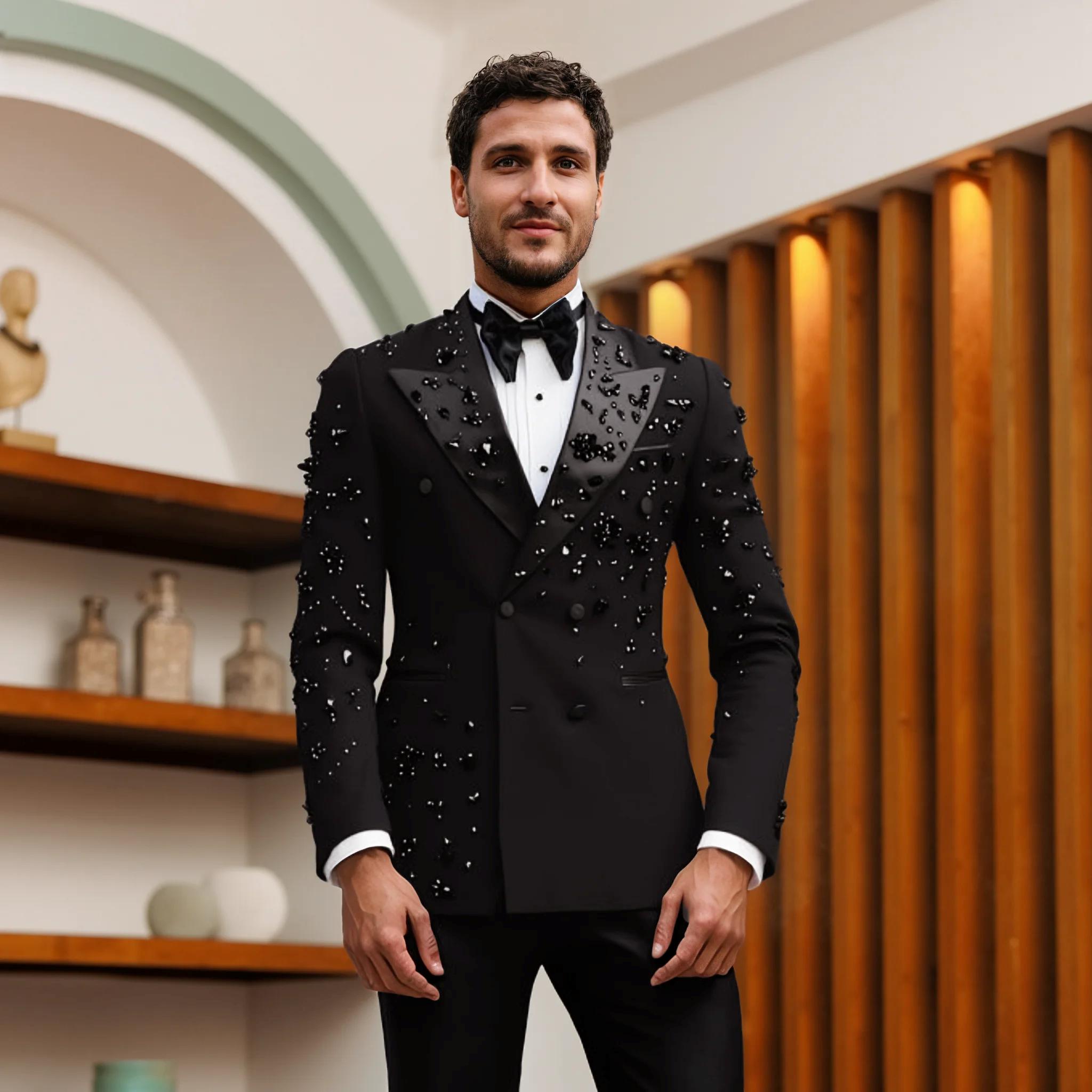 

Роскошные костюмы с бриллиантами и бисером для мужчин, двубортные блейзеры для выпускного вечера, 2 предмета, формальные, для вечеринки, жениха, свадьбы, смокинги, платье 5XL