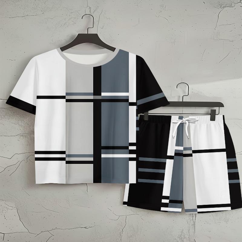 Men's Summer Geometric Set: Short Sleeve Tee & Matching Shorts with Bold Black-White-Grey Line Pattern. Loose Fit Big Size Streetwear for Daily Wear