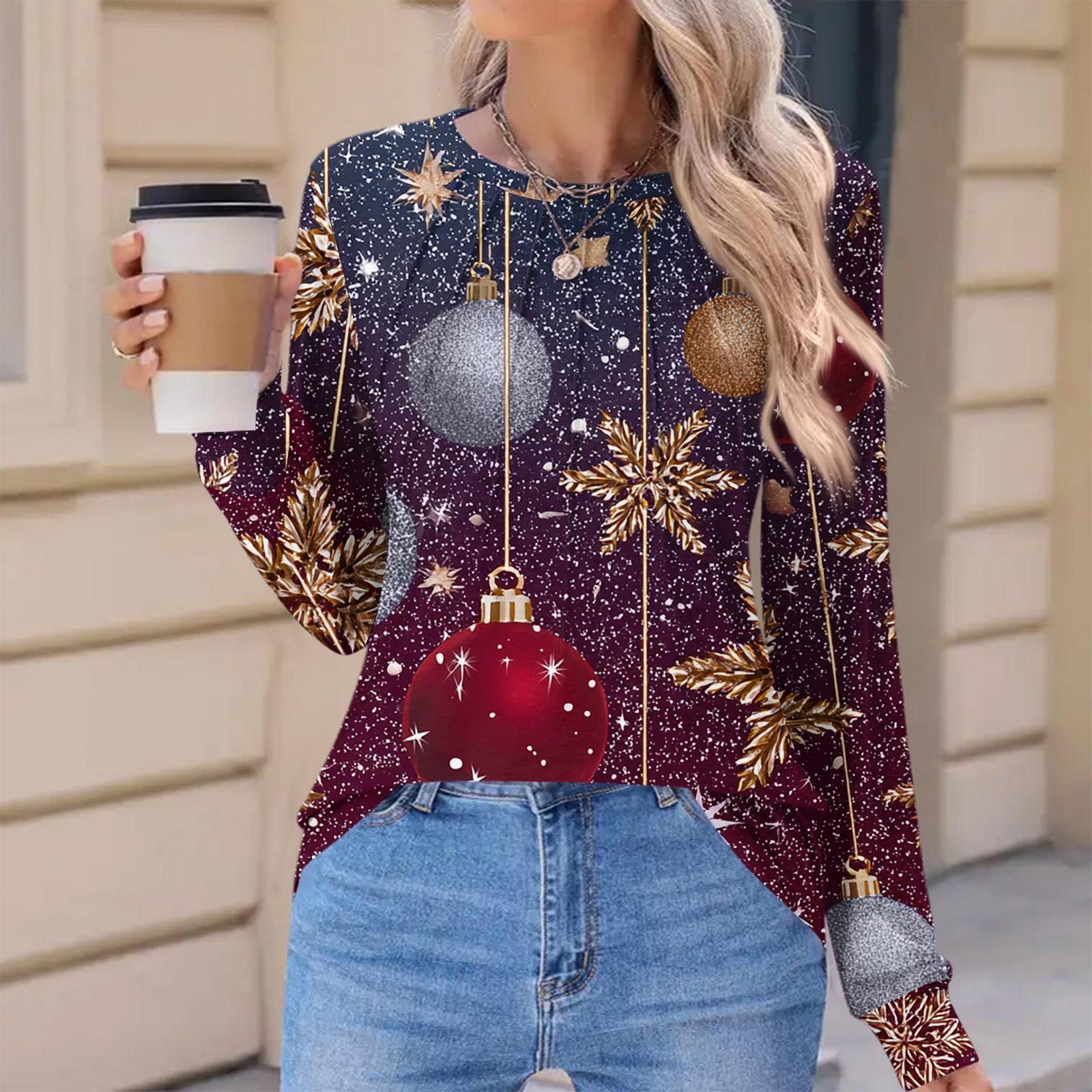 

Женская модная повседневная футболка с рождественским принтом, плиссированная, удобная, с круглым вырезом, свободная, с длинным рукавом XL