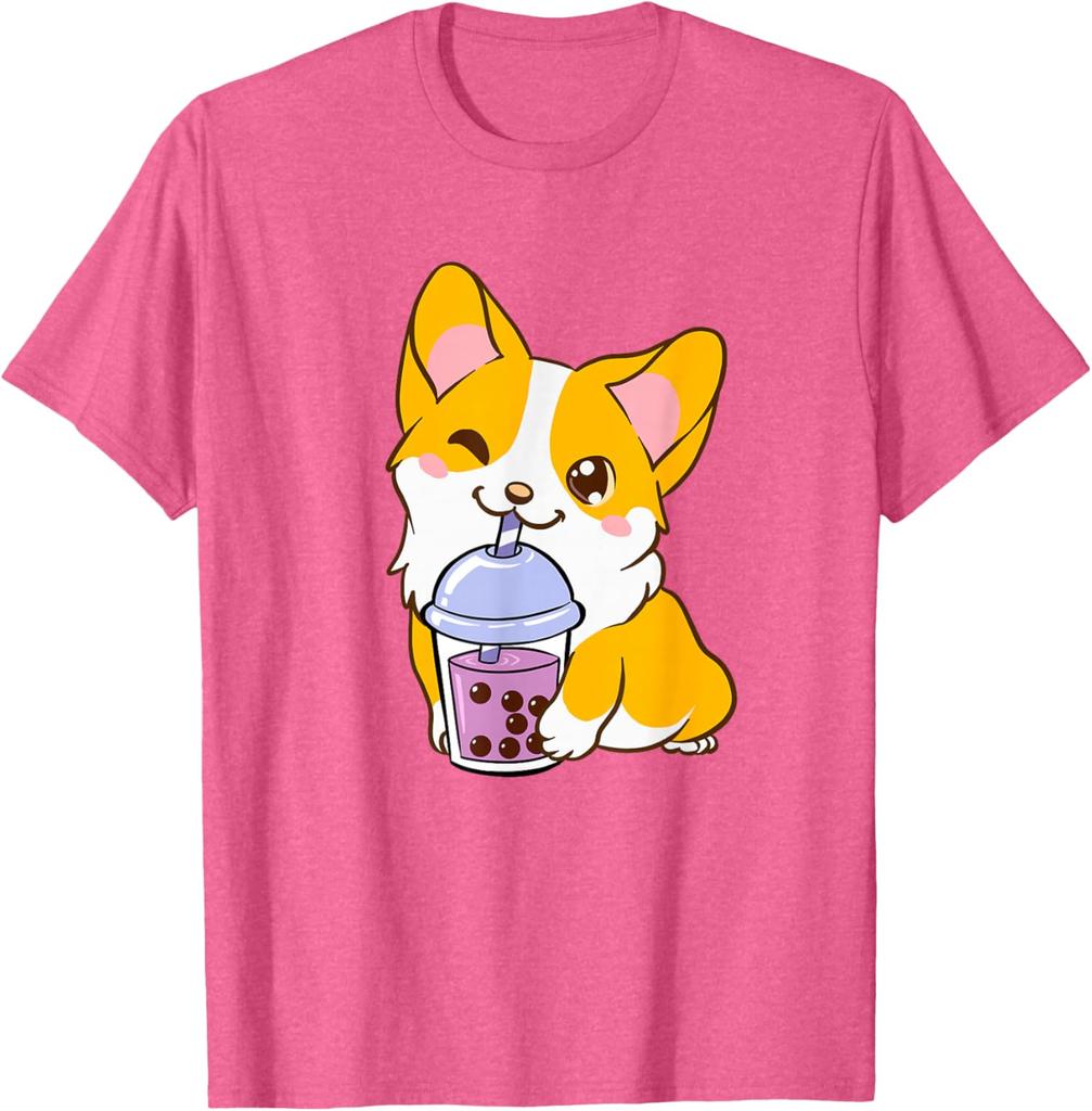 Kawaii Corgi Drinking Boba Tea Cute Dog Lover Graphic Tee Casual Short Sleeve T-Shirt