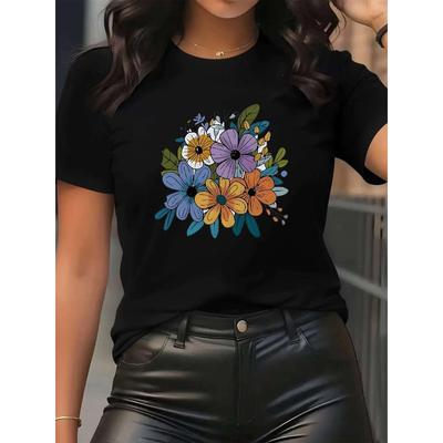 Womens Heart Print Round Neck Short Sleeve Casual Durable Daily Tee