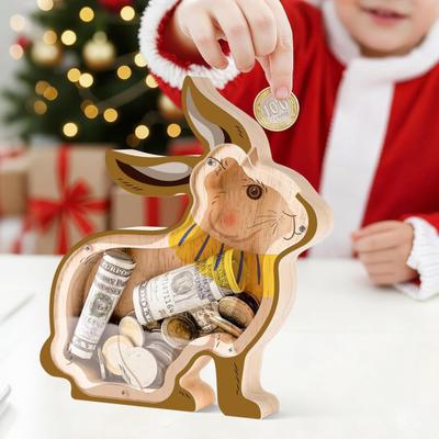 Wooden Piggy Bank for Kids Unbreakable Rabbit Chicken Coin Bank Cute Saving Coin Jar Christmas Birthday Easter Gift for Boys Girls