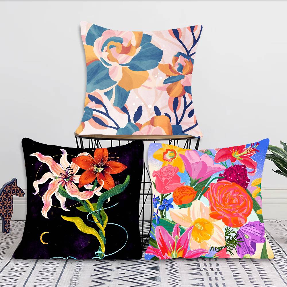 Flower Art Pillow Case Fashion Square Pillowcase Bedroom Sofa Room Ins Decoration Leisure