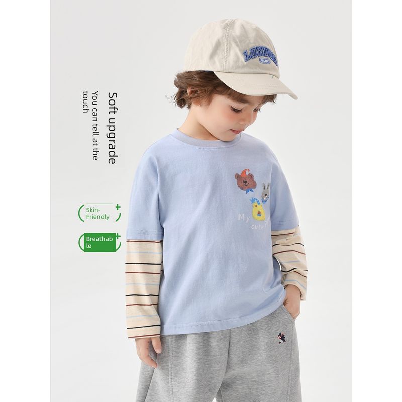 Right European Style Boys' Cartoon Fake Two-Piece Long-Sleeve T-Shirt Children's Spring Top 2026 New Children's Clothing Baby Base Shirt