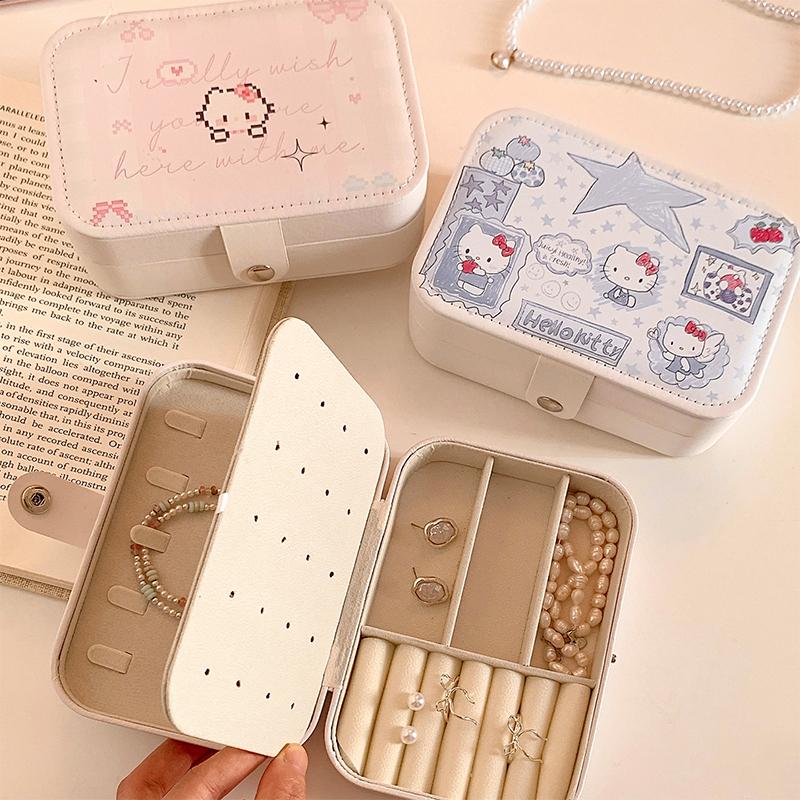 Kawaii Hello Kitty Jewelry Box Earrings Portable Necklace Ring Cute Pu Leather Storage Box Travel Mini Compact Accessory
