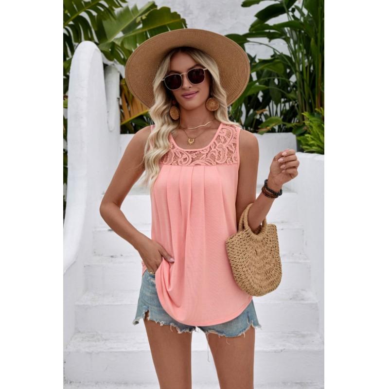 Women s Summer Sleeveless Lace Pleated Round-Neck Casual Vacation Top S