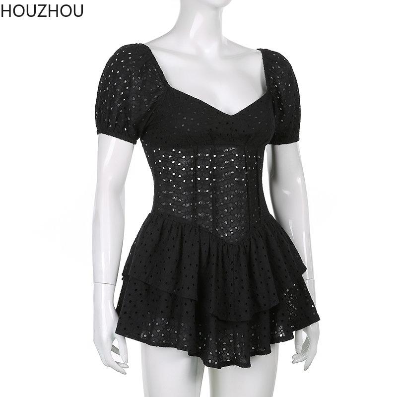 Hollow Black Dress Women V Neck Ruffles Pleated Dress Puff Sleeve Chic Black Summer Party Dress French Vintage Corset Ladies