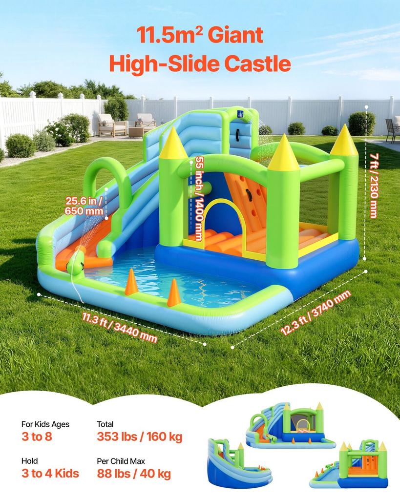 Inflatable Bounce House, 11.3 x 12.3 x 7.0 ft Inflatable Bounce House Water Slide, Bouncer Castle with Castle Bounces, Basketball Hoop, Splash Pool &