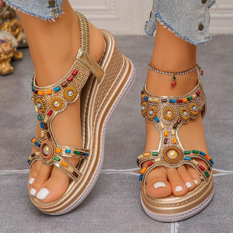 Women's Wide Width Bohemian Sandals, Round Toe Wedge Heel Flats, Ethnic Style Casual Shoes for Women