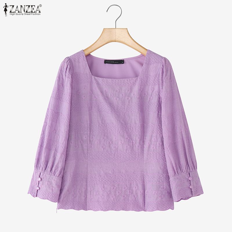 ZANZEA Women Casual Square Collar Summer 3/4 Sleeve Patchwork Blouse