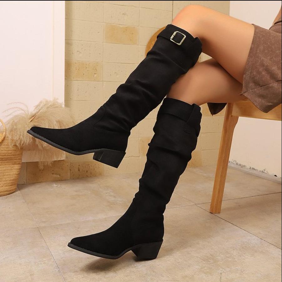 Large Size High Heel Boots Women's Autumn and Winter Pointed Thick Heel Skinny Pile Boots But Knee Boots