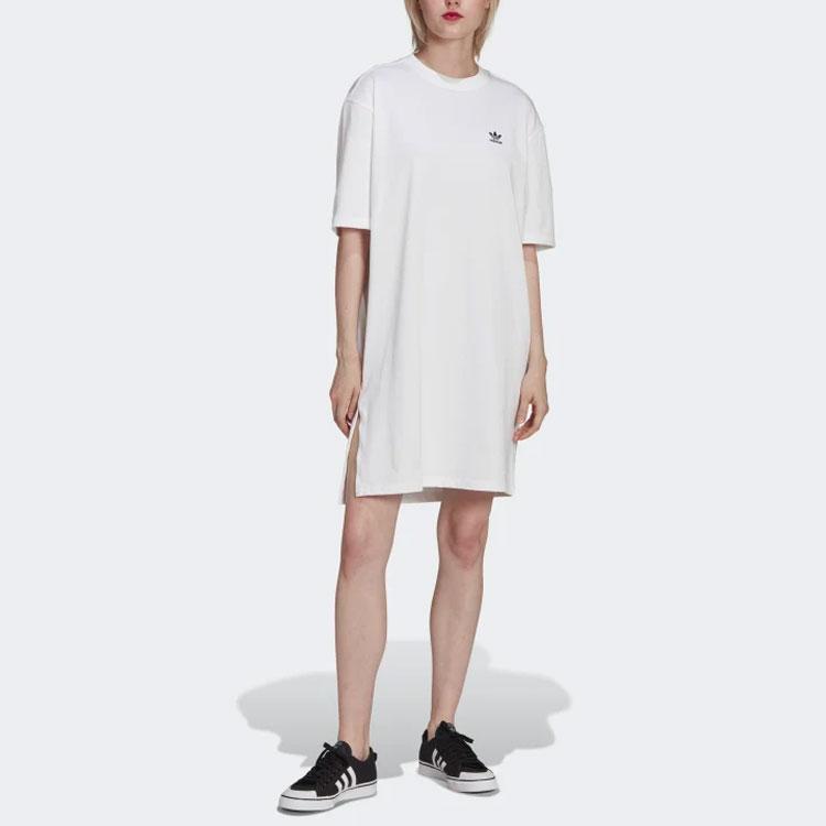 Adidas Originals Trefoil Logo Print Round Neck Pullover Short Sleeve Dress Women Dress White HC2034