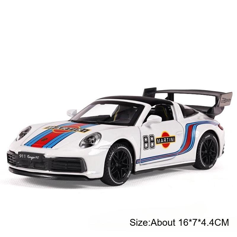 1:32 Scale Martini 911 TARGA 4S GT3RS Sports Car Model Toy Music Light Pull Back Doors Opened Models Hobby Ornaments Gifts