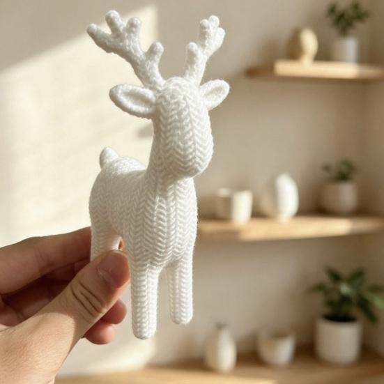 Minimalist Christmas Home Decor 3D Antler Deer Ornament for Decor, White Knitted Modern Winter Wonderland Texture Tabletop Figurine Holiday