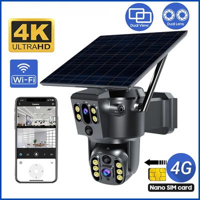 Caméra solaire extérieure PTZ 4K 4G SIM/WIFI, double objectif, suivi humanoïde, surveillance couleur, vision nocturne, sécurité IP