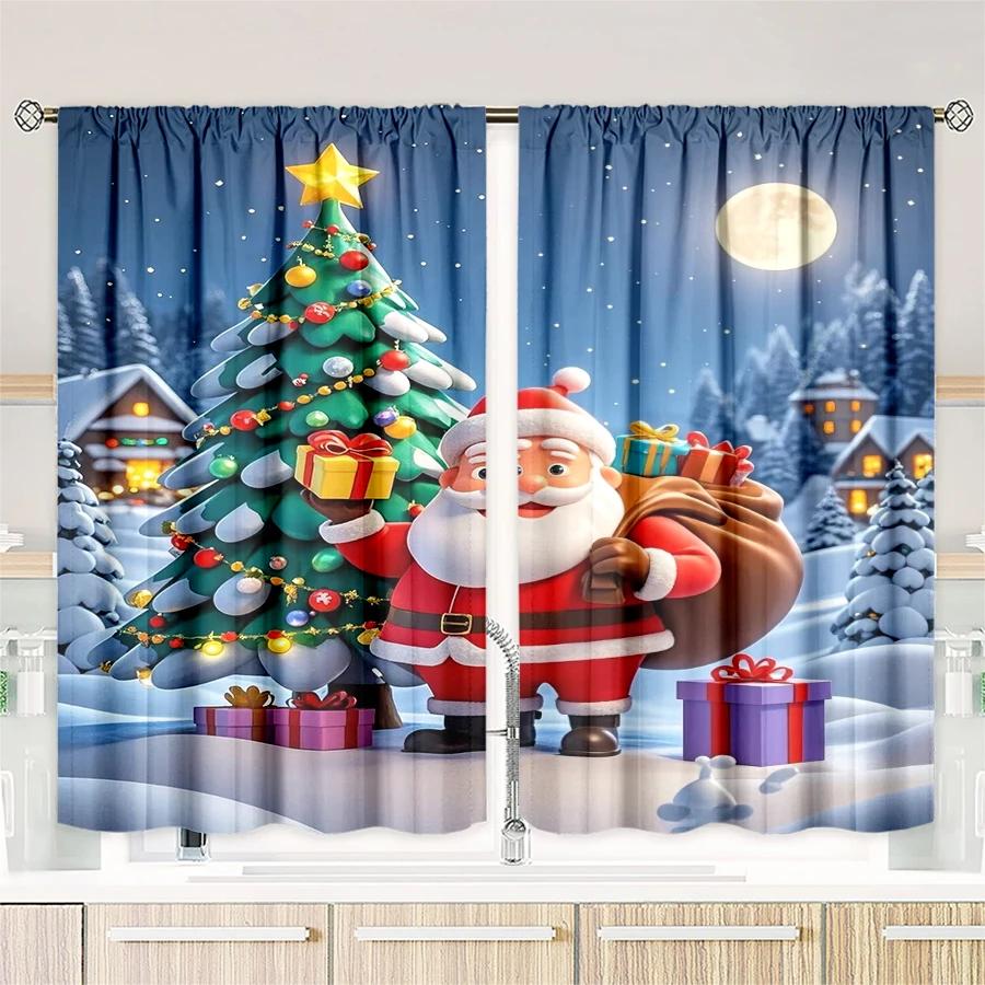 Set Of 2 Christmas Santa Claus Tree Pattern Printed Curtains Decorations Home Room Curtain Polyester Stylish