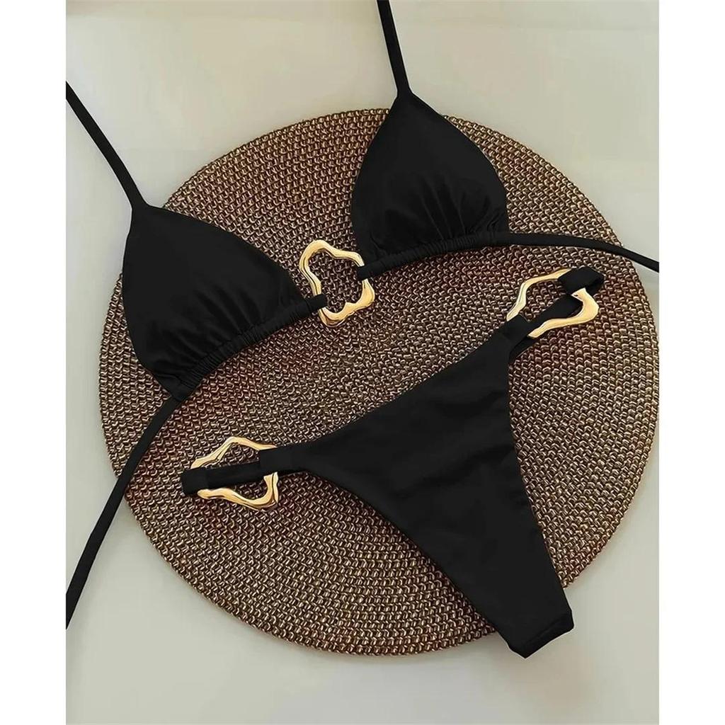 Seksowny Metalowe Pierścienie Halter Wysoki Wycięty Bok Bikini Damski Kostium Kąpielowy Kobiety Stroje Kąpielowe Dwuczęściowy Zestaw Bikini Kąpielówki Kostium Kąpielowy Pływać
