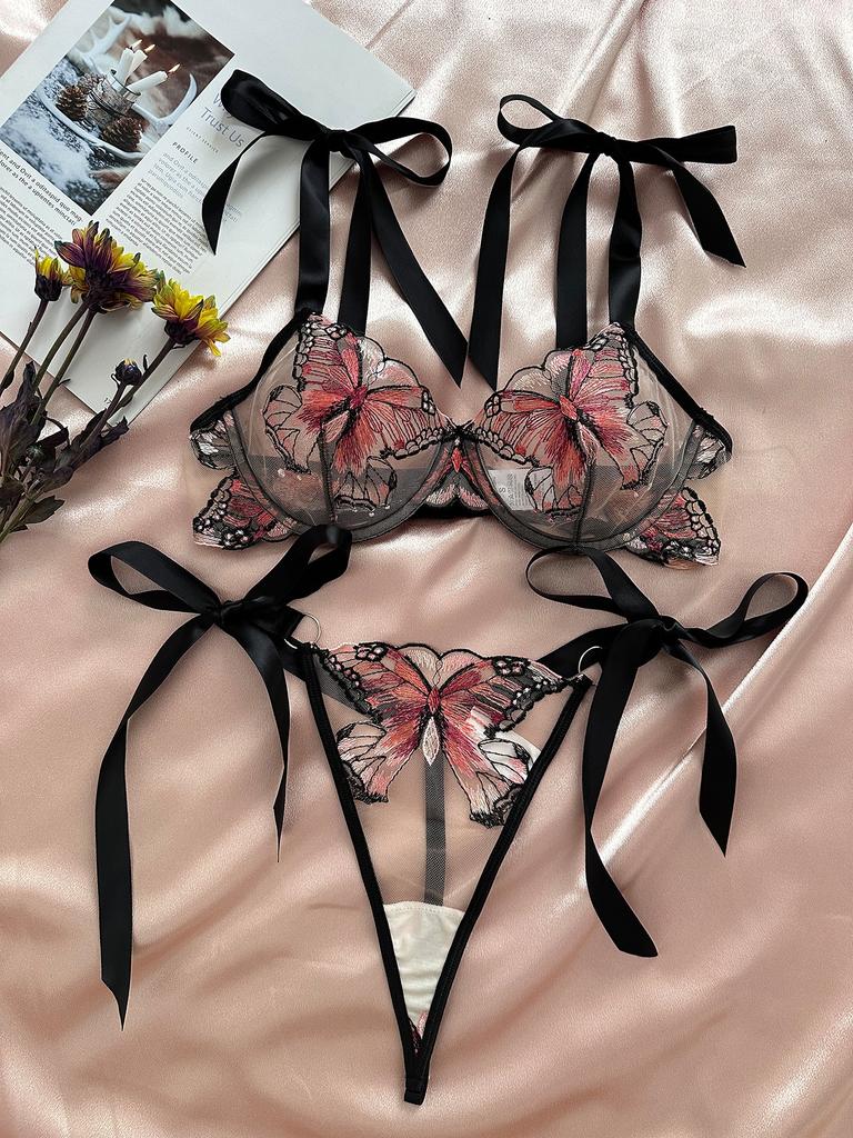 Women'S Sexy Butterfly Embroidery Sheer Mesh Lingerie Set See Through Temptation Bra Panty Outfit Shelf Bra