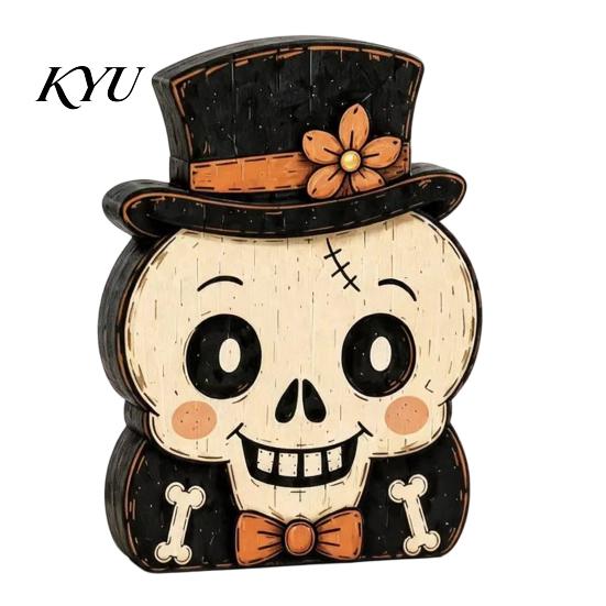 Cute Cartoon Tabletop Figures Vintage Halloween Double-Layer Wooden Decor, Spooky Character Wood Charming Retro Crafts Signs, Farmhouse Tiered