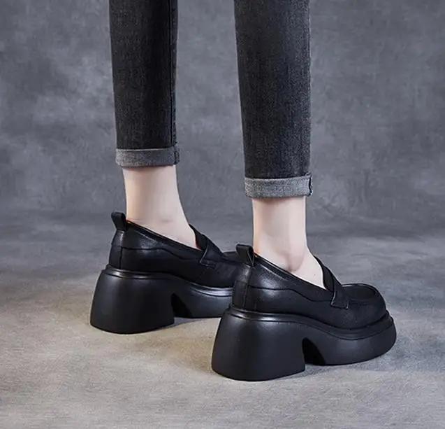 Fashion 7.5CM Genuine Leather Shoes Cow Thick Soled Women Moccasins Mary Jane British Platform Wedge Comfy Rubber Slip On Spring Summer