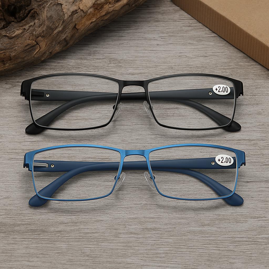 1pc Business Reading Glasses For Men Spring Hinge Computer Phone Reading Rectangular Full Frame Metal Presbyopic Eyeglasses