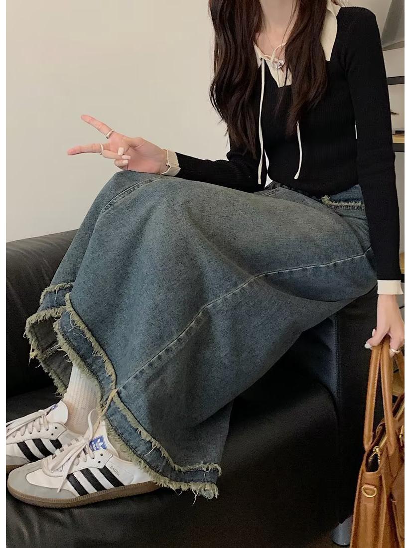 

Plus-Size Women s A-Line High-Waisted Midi Denim Skirt with Slit - Slimming Fit for Fuller Legs Extra Large синий