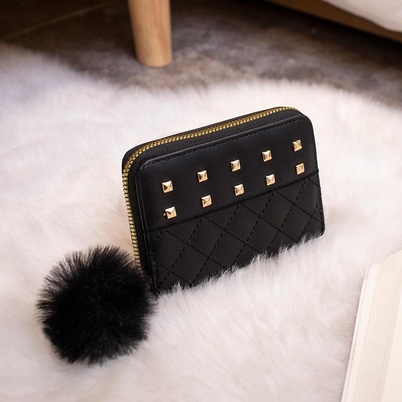 New fashionable women's wallet clutch bag, short change bag, diamond hairball decorative card bag, one piece.