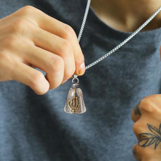 Skeleton Hand Pendant Necklace Motorcycle Biker Bell Pendant Necklace Flip-off Hand Bell Charm Necklace Gift for Men Women