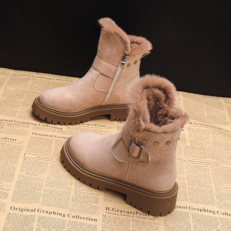 Fashion 2024 Women's Snow Boots Winter Mid-Tube Plus Velvet Thickened Warm Cotton Shoes Fashion Buckle design Female Zipper short boots