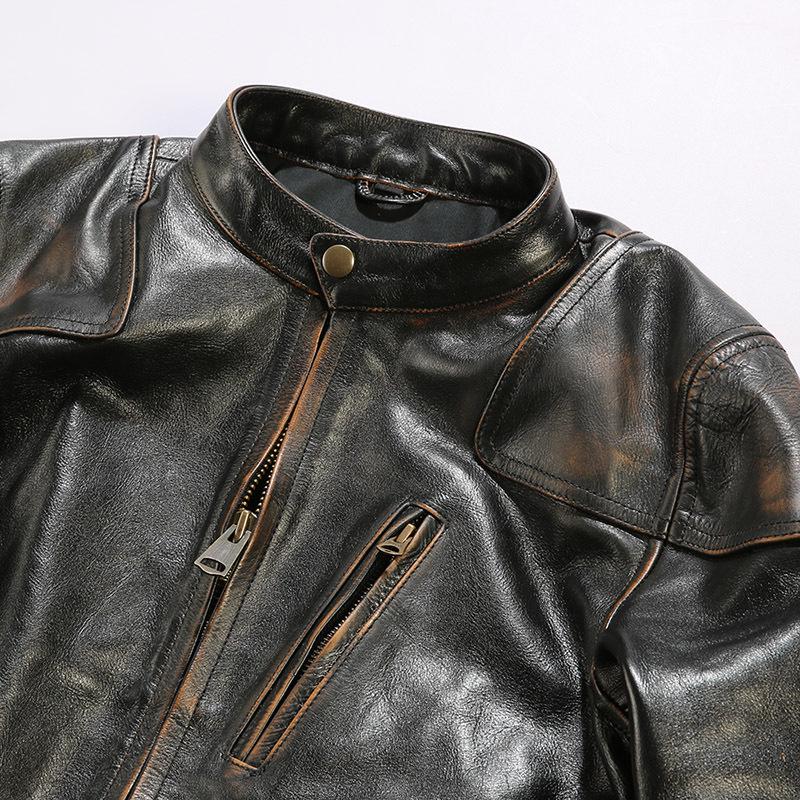 Chaqueta de moto de cuero caqui para hombre - Estilo Venom, cuello alto, piel de vaca