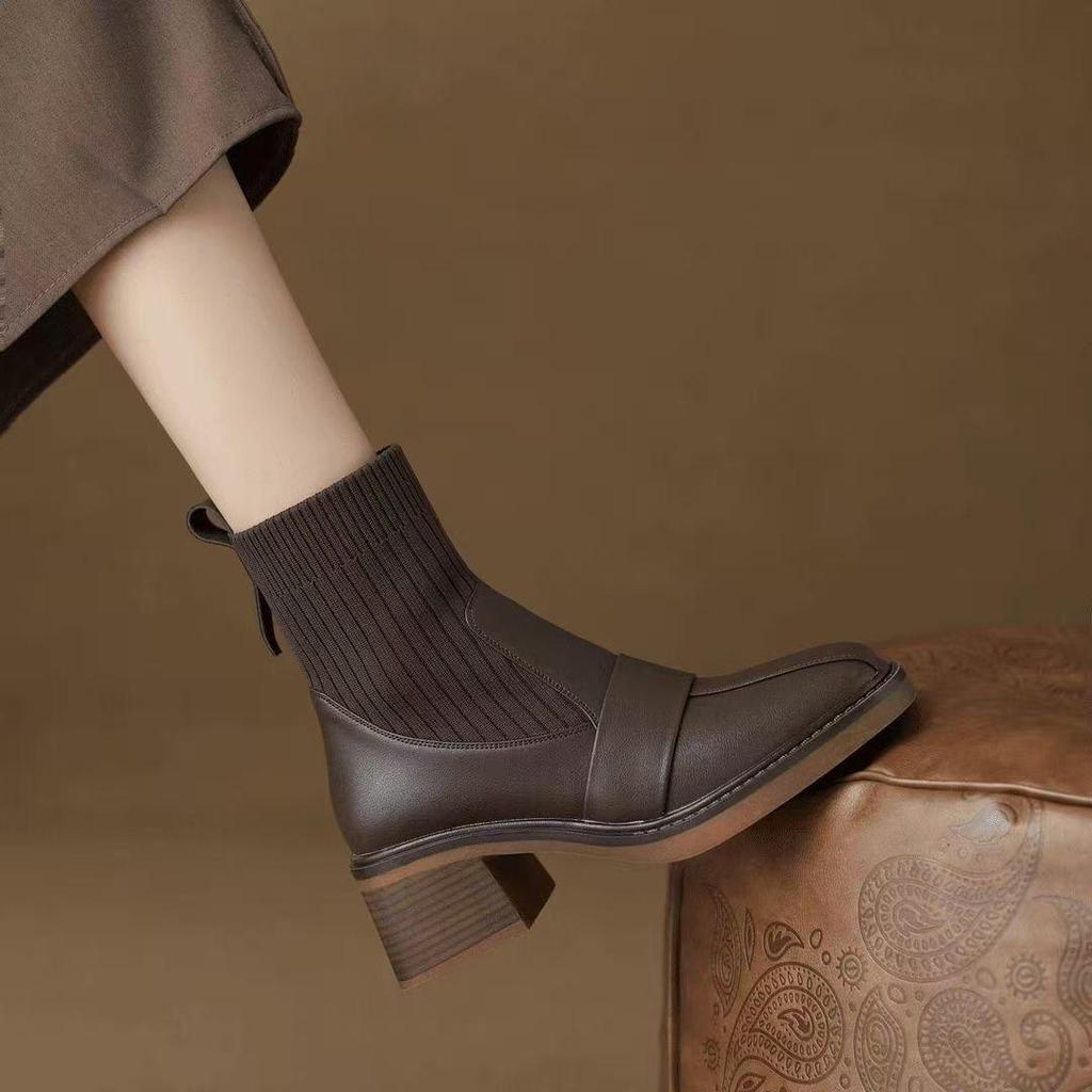 2025 Autumn/Winter Knitted Ankle Boots: Versatile British Martin Style, Skinny Elastic Socks In Brown/Black, Adult Sizes Available