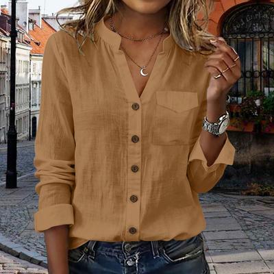 Women Shirt V Neck Long Sleeve Button Down Spring Summer Casual Tops with Flap Pocket Office Lady Shirt Daily Wear
