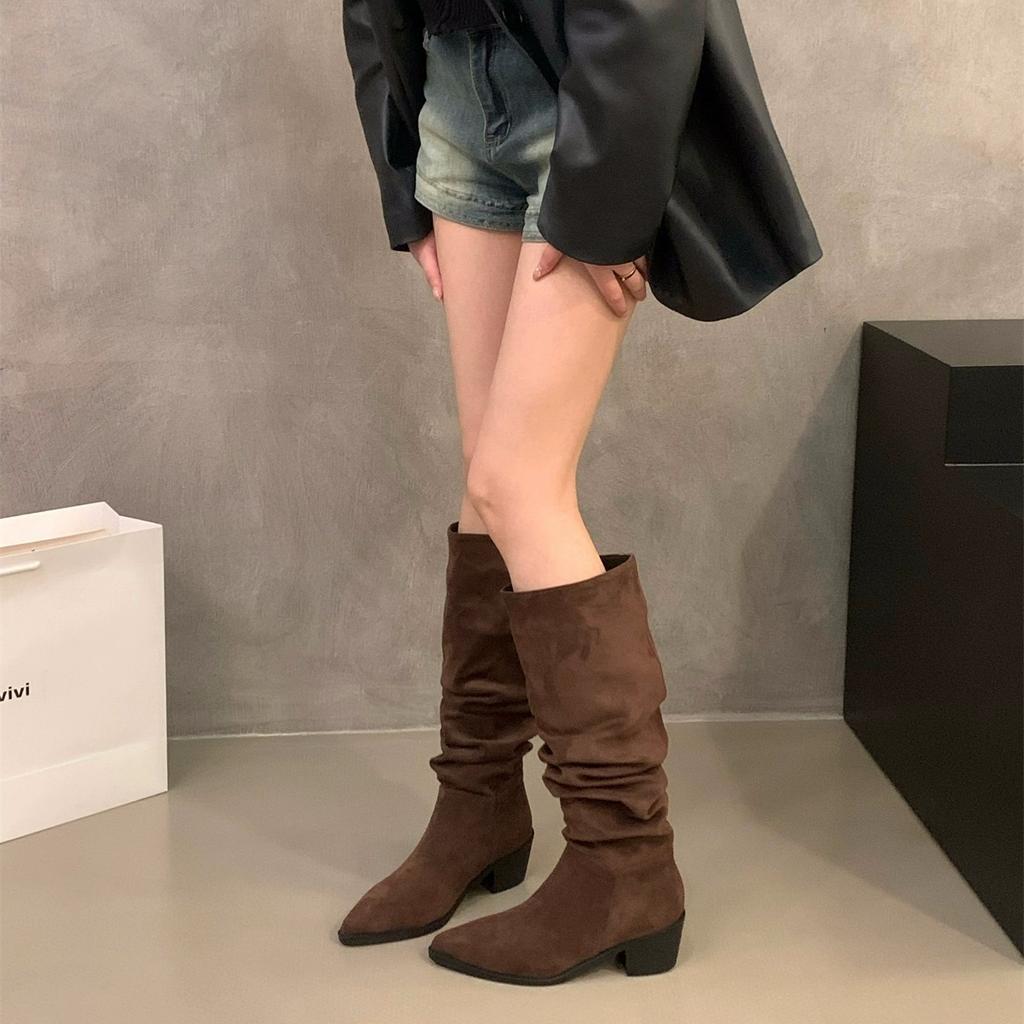 Pointed toe high heels khaki stacked boots boots women's shoes 2025 new spring, autumn and winter skinny long knight boots