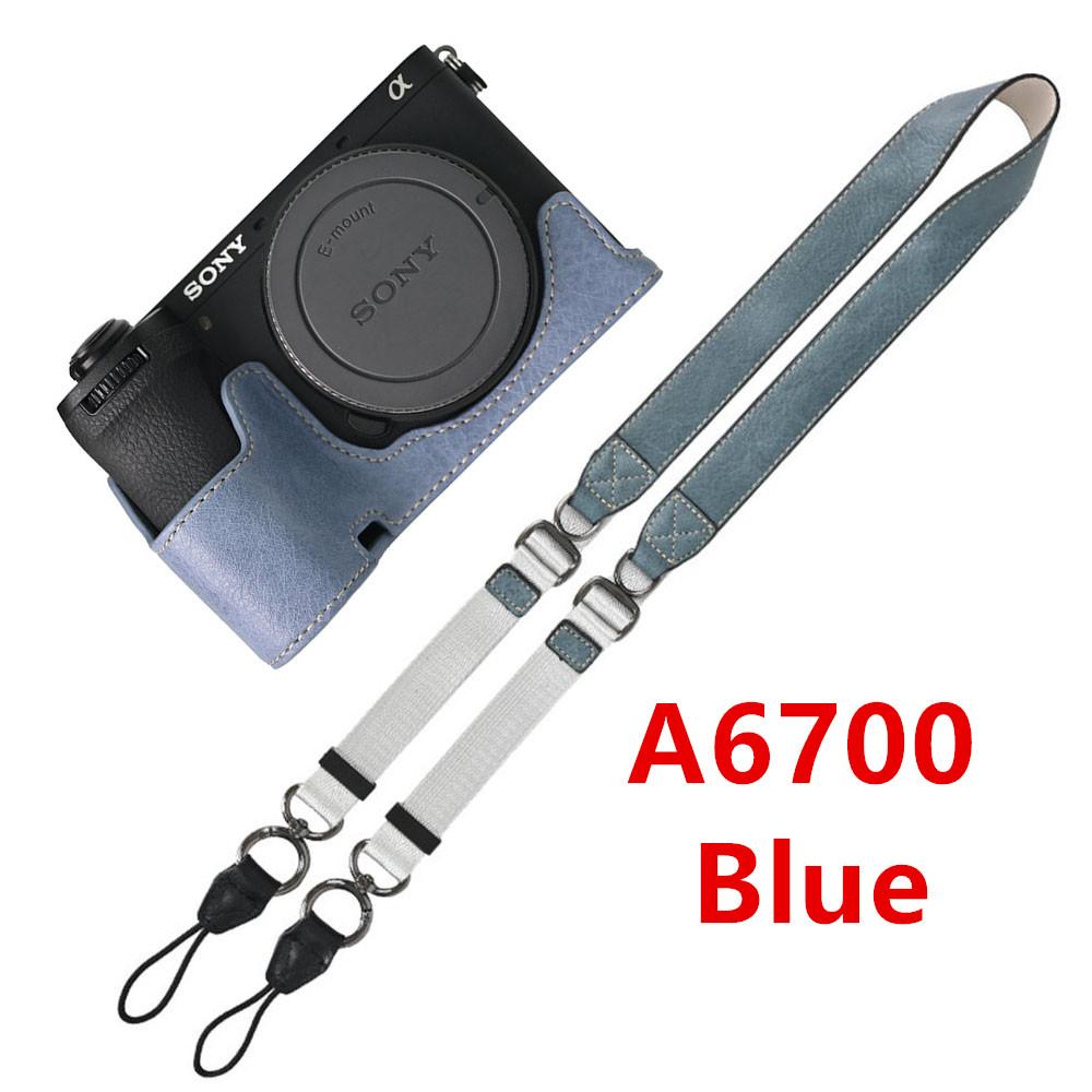 Půl pouzdro na fotoaparát z PU kůže s texturou liči pro Sony A6700 A6400 A6300 A6100 A6000 ZVE10 ZVE10II ZVE10M2 Spodní otevírací kryt s popruhem
