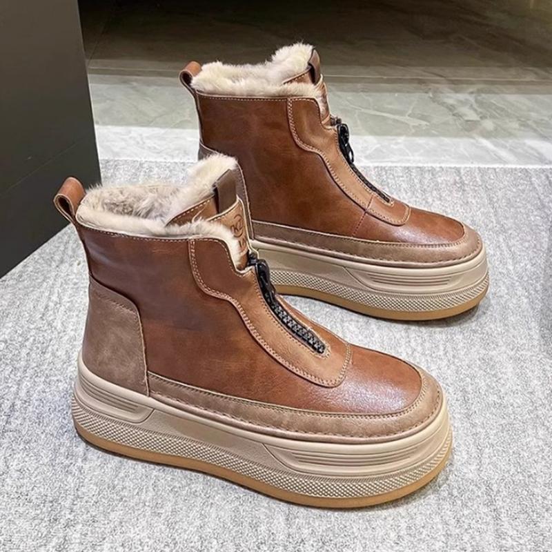 

Platform Women Fur Snow Ankle Boots Flats Leather Short Plush Cotton Shoes Trend Fashion Sneakers Warm New Cozy 35 коричневый