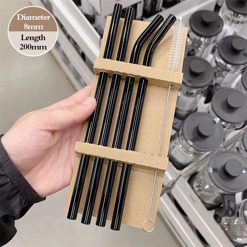 4PCS Reusable Glass Straws Multi-Color Drinking Straw for Milk Tea Juice Cocktail Straight & Bent Straw with Cleaning Brush