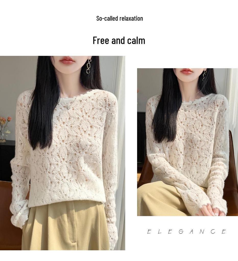 ER26 Spring Hollow Flower Knit Top - Sweet Crochet Texture Pullover for Women