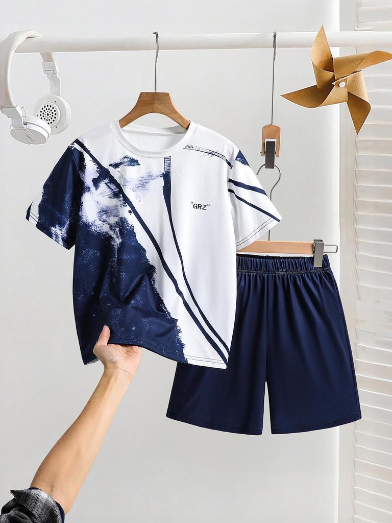 Boys' Outdoor Fashion Casual Loose Comfortable Gradient Letter Design Round Neck Short Sleeve T-Shirt with Elastic Shorts Set