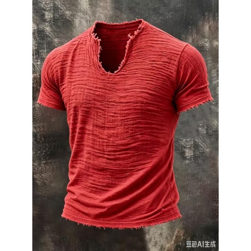 MENFORMAL Heren Khaki Slubtextuur Ruwe Rafelige Rand V-hals T-shirt Verweerd Gerafeld Randje Korte Mouw Casual Vintage Top 4XL rood