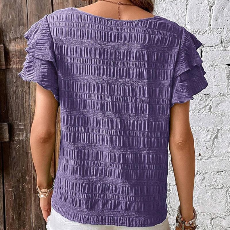 Letní Nové Tričko s Kulatým Výstřihem a Volánovými Rukávy Casual Top pro Ženy Módní Elegantní Vintage Plisované Dámské Volné Halenky Dovolená Slim Dámská Košile 26487