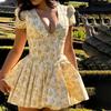 Nuevo Vestido Mini Corsé Estilo Francés para Mujer Escote en V Profundo Mangas Abullonadas Falda Línea A con Elegante Estampado Floral Opciones de Color Sólido para Citas de Brunch Fiestas