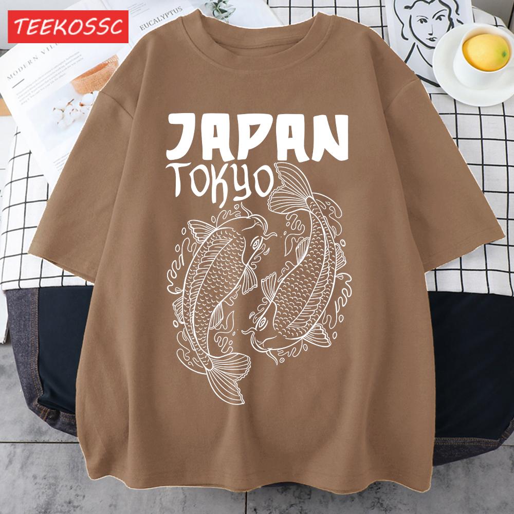 Japan Tokyo Harajuku Koi Print T Shirts Men Summer Cotton TShirt Hip Hop Loose Streetwear Unisex AllMatch Casual Clothing