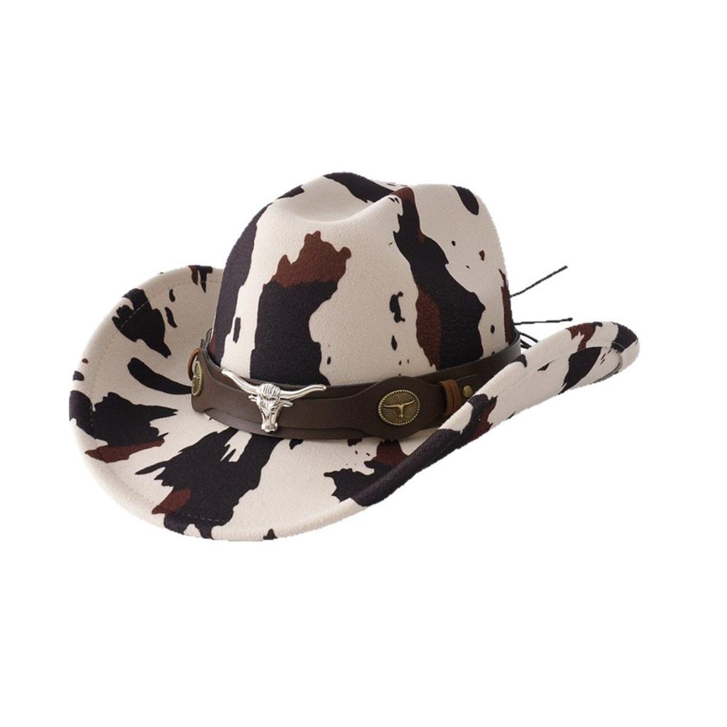 Cappelli da Cowboy Stile Etnico con Stampa Mucca e Cintura alla Moda a Tesa Larga per Donne Uomini Festa Outdoor Protezione UV Cappello da Sole