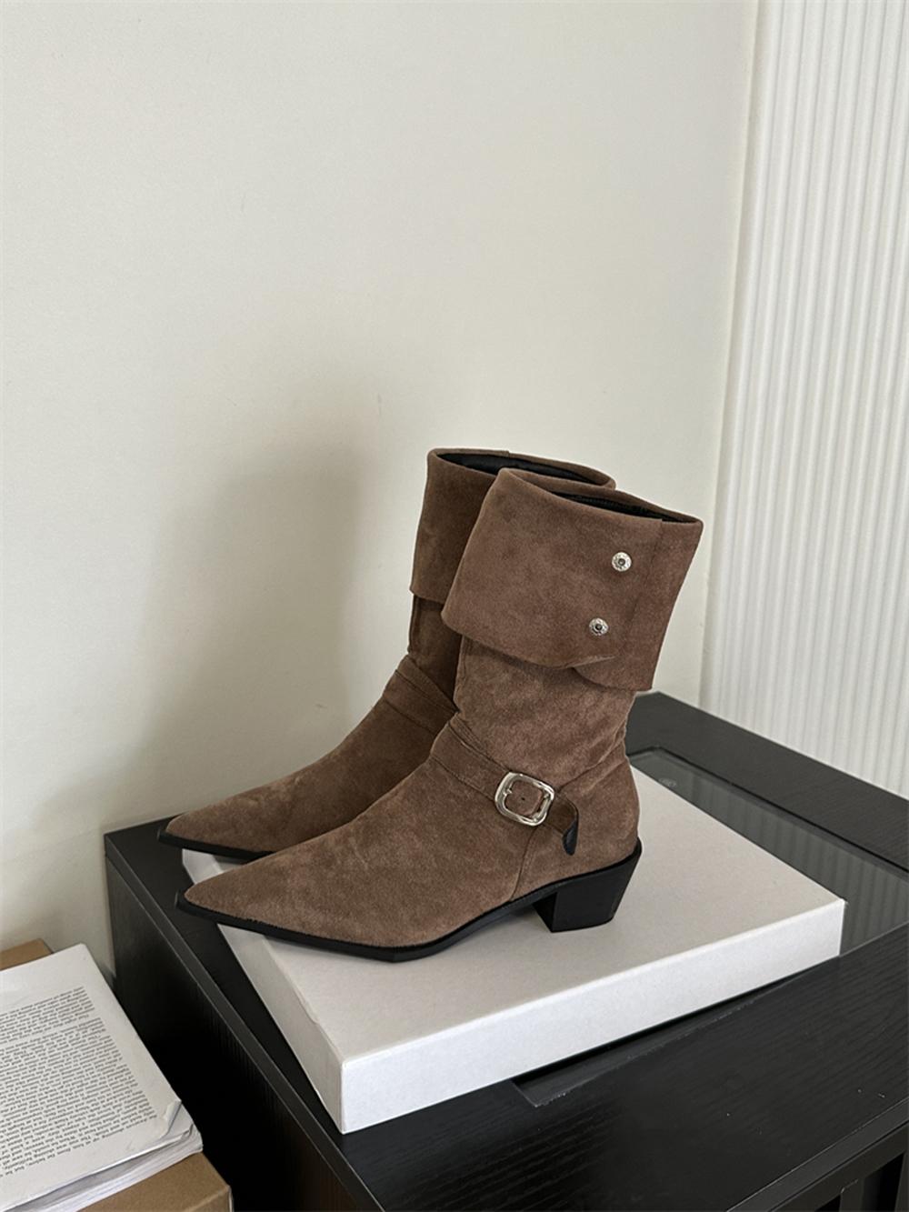 

Модные женские сапоги из флока средней длины с острым носком, зимние носки, плоские туфли на низком каблуке, черные, бежевые, коричневые, женские, размер 35-39 7.5 коричневый